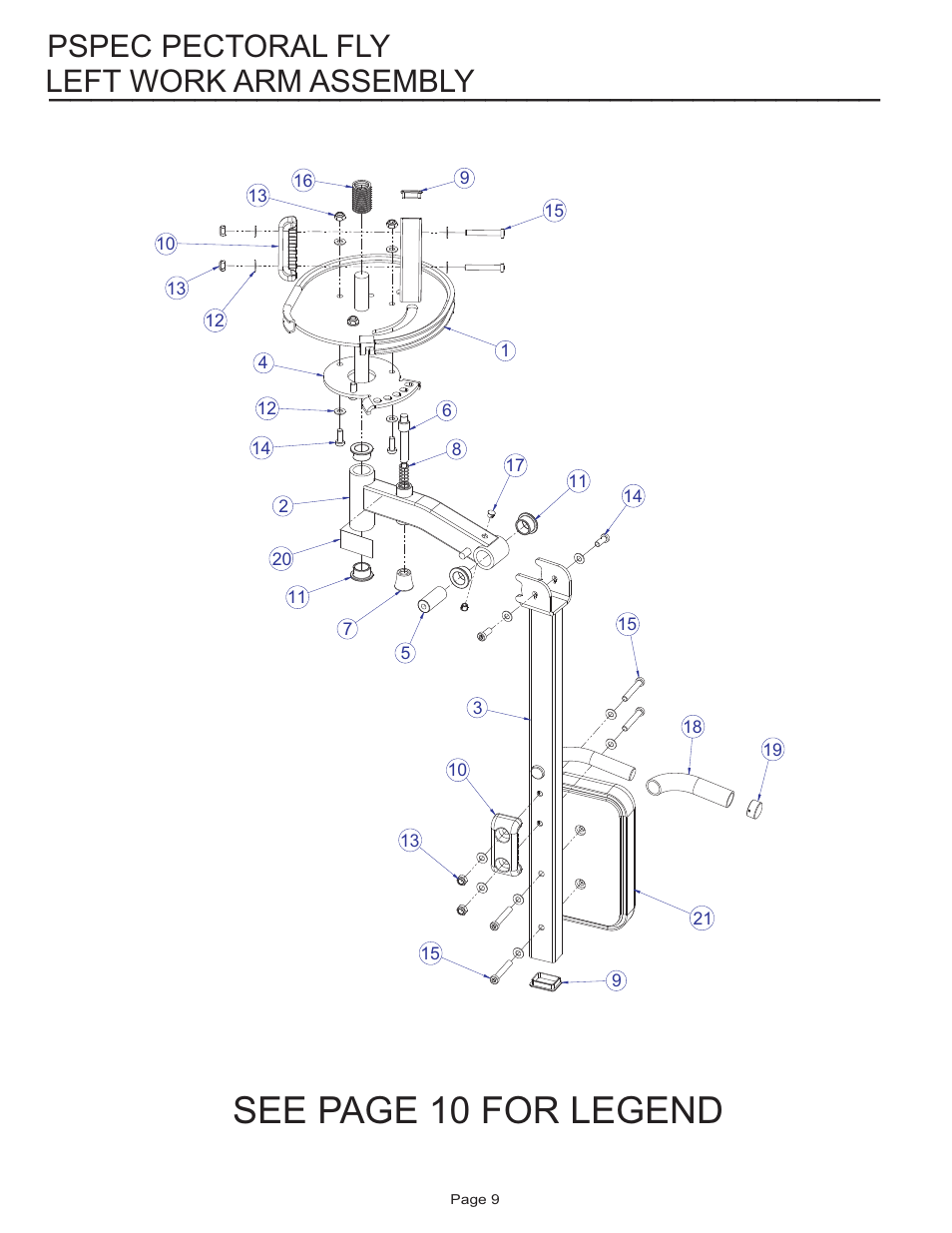 See page 10 for legend, Left work arm assembly, Pspec pectoral fly | Life Fitness Pro 2 Series PSPEC User Manual | Page 9 / 15