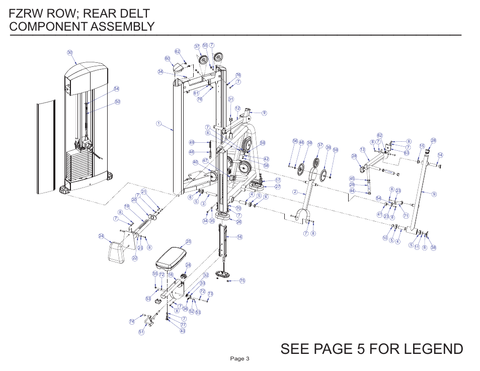 See page 5 for legend, Component assembly, Fzrw row; rear delt | Life Fitness FZRW ROW User Manual | Page 3 / 17