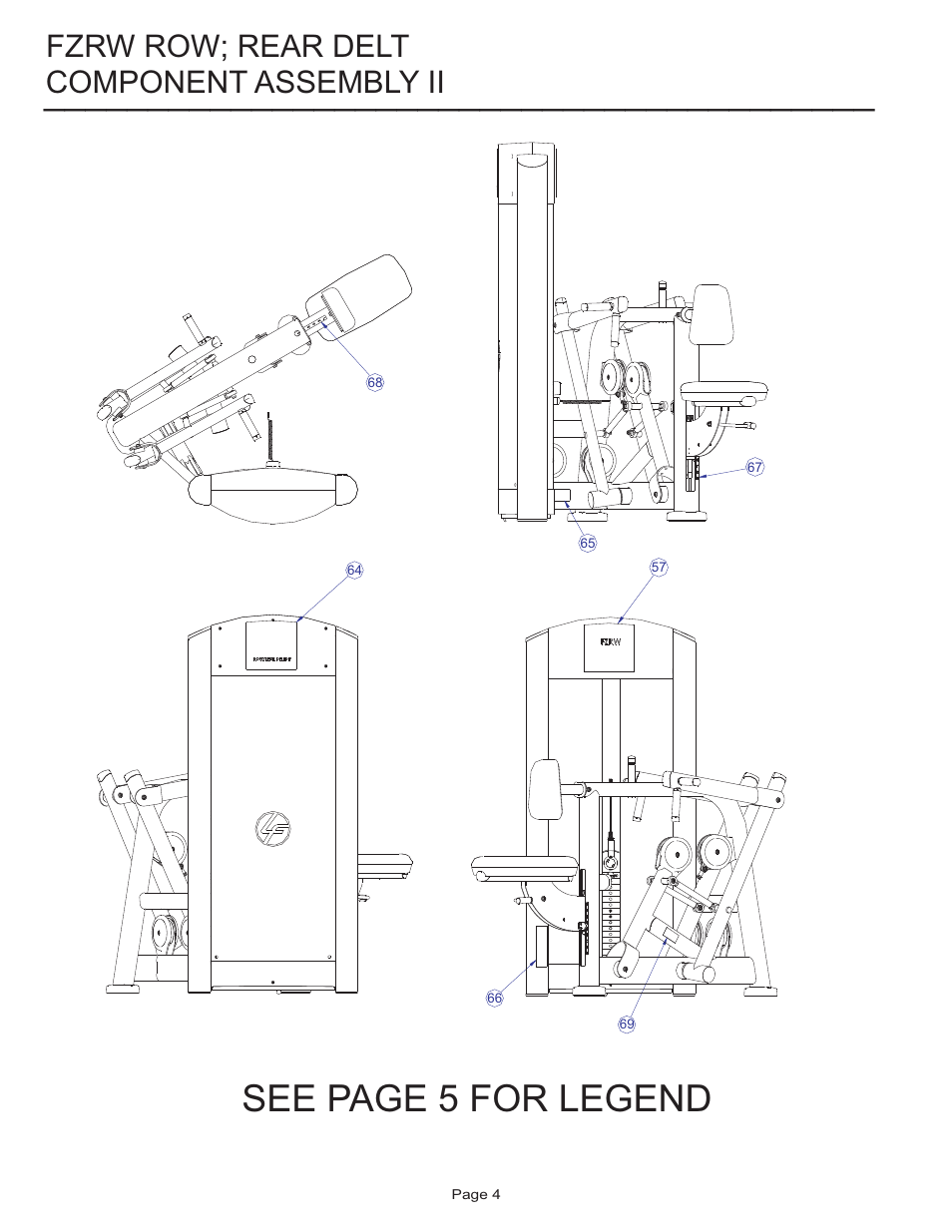 See page 5 for legend, Component assembly ii, Fzrw row; rear delt | Life Fitness FZRW ROW User Manual | Page 4 / 17