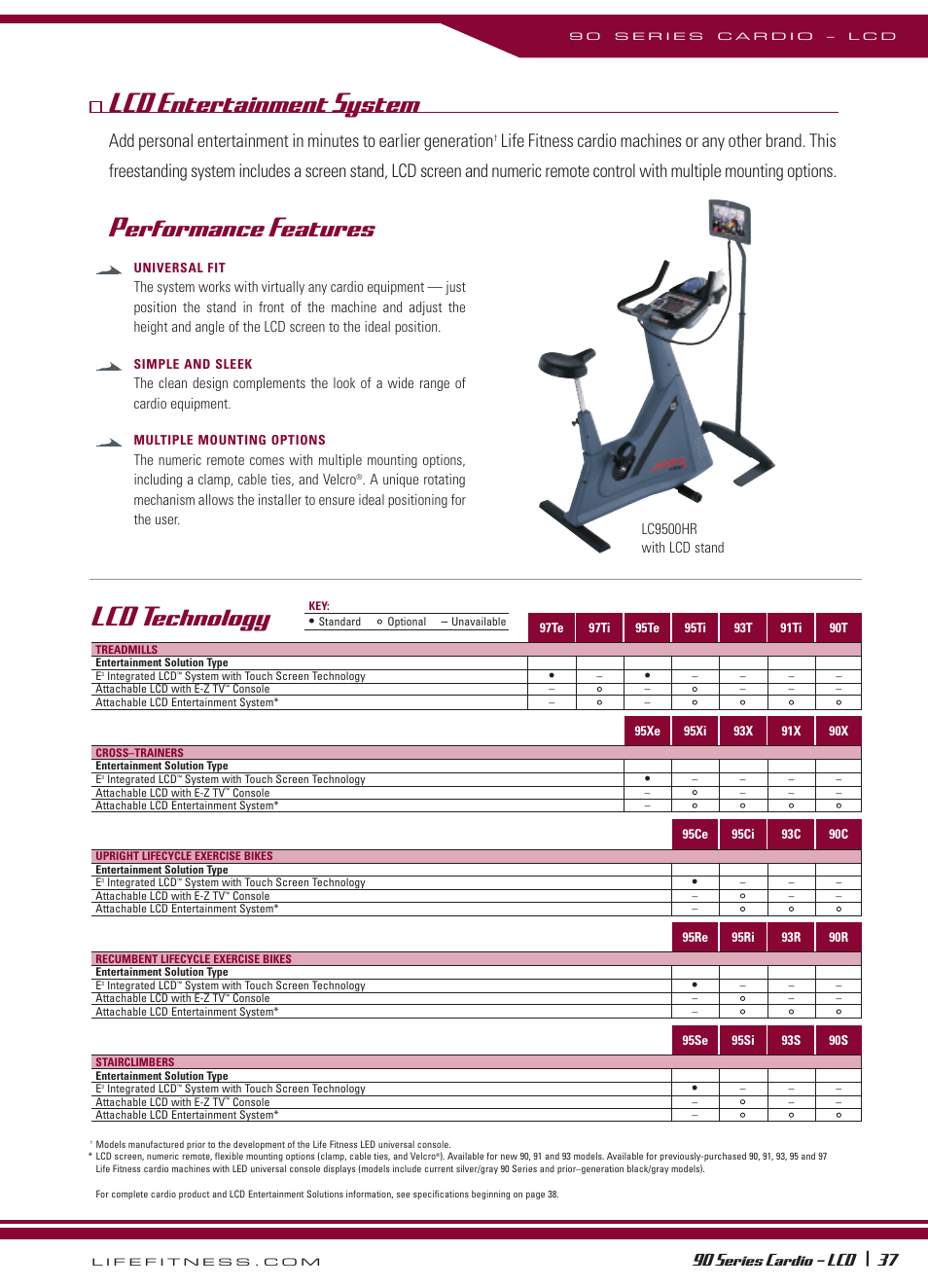 Lcd technology, Lcd entertainment system, Performance features | 90 series cardio – lcd, Lc9500hr with lcd stand | Life Fitness 90 Series User Manual | Page 10 / 11