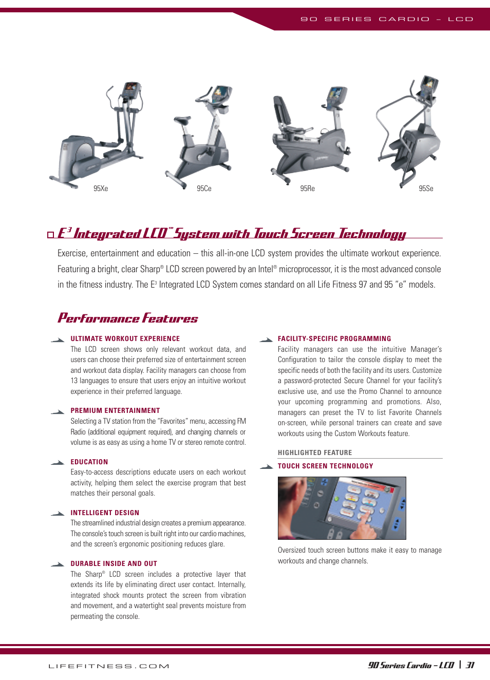 Integrated lcd, System with touch screen technology, Performance features | Life Fitness 90 Series User Manual | Page 4 / 11