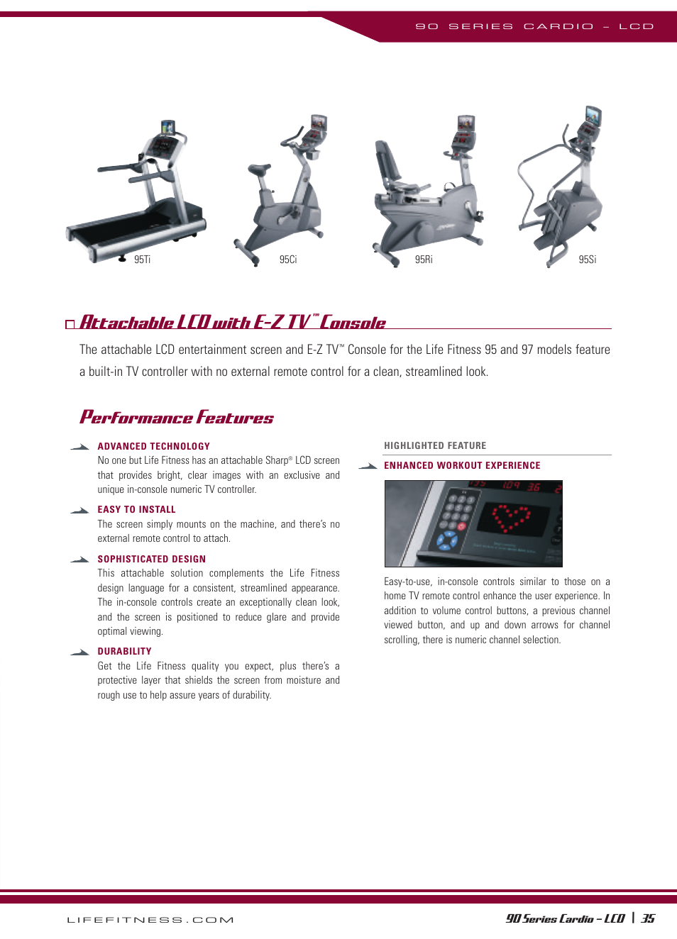 Attachable lcd with e-z tv, Console, Performance features | Life Fitness 90 Series User Manual | Page 8 / 11