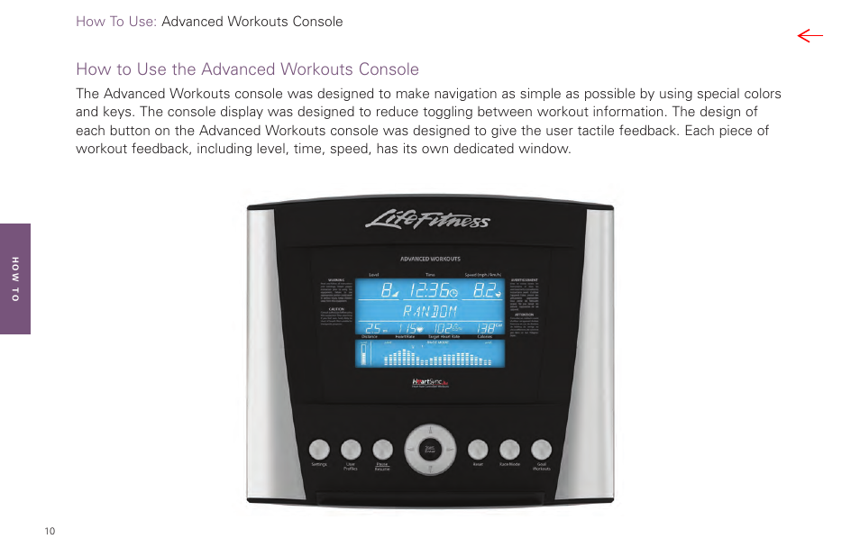 How to use the advanced workouts console | Life Fitness Video Gaming Accessories User Manual | Page 10 / 51