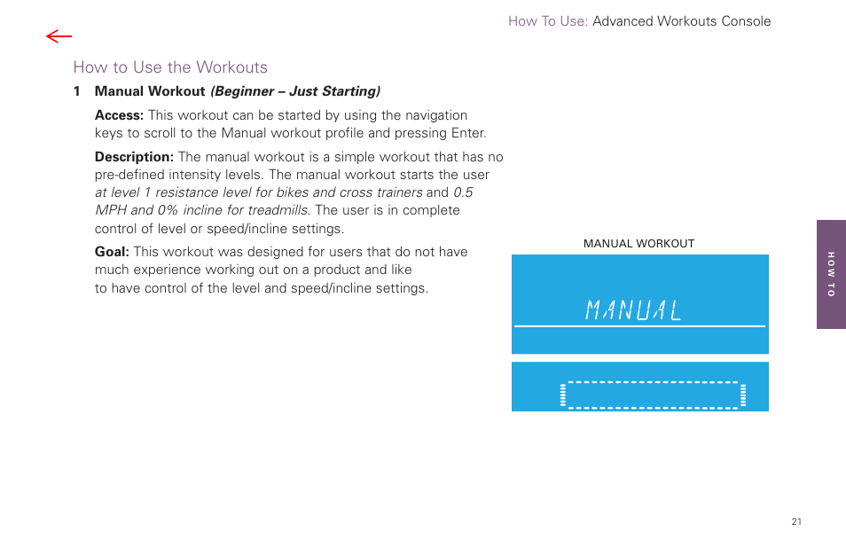 How to use the workouts | Life Fitness Video Gaming Accessories User Manual | Page 21 / 51