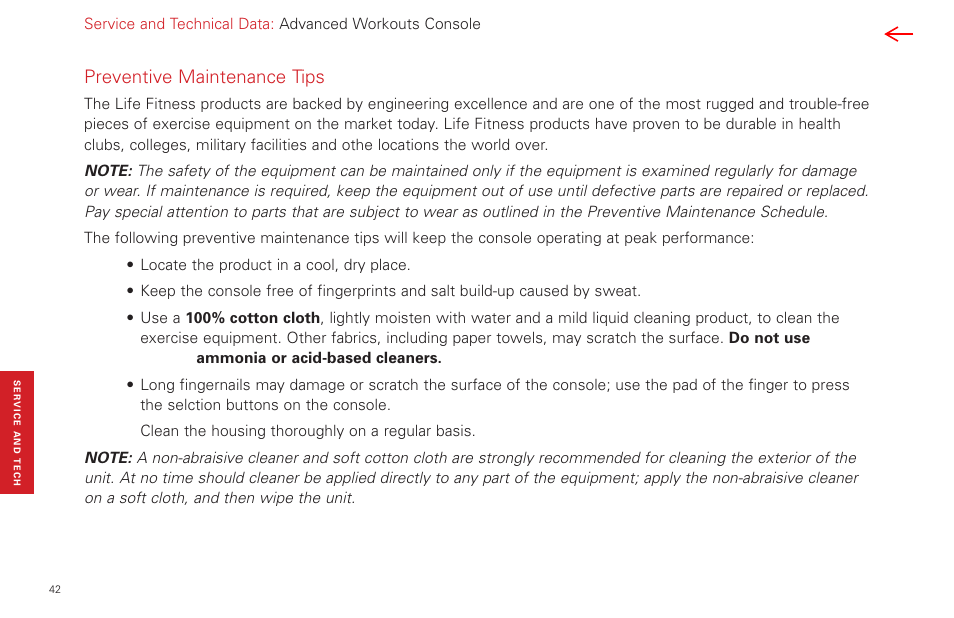 Preventative maintenance tips, Preventive maintenance tips | Life Fitness Video Gaming Accessories User Manual | Page 42 / 51