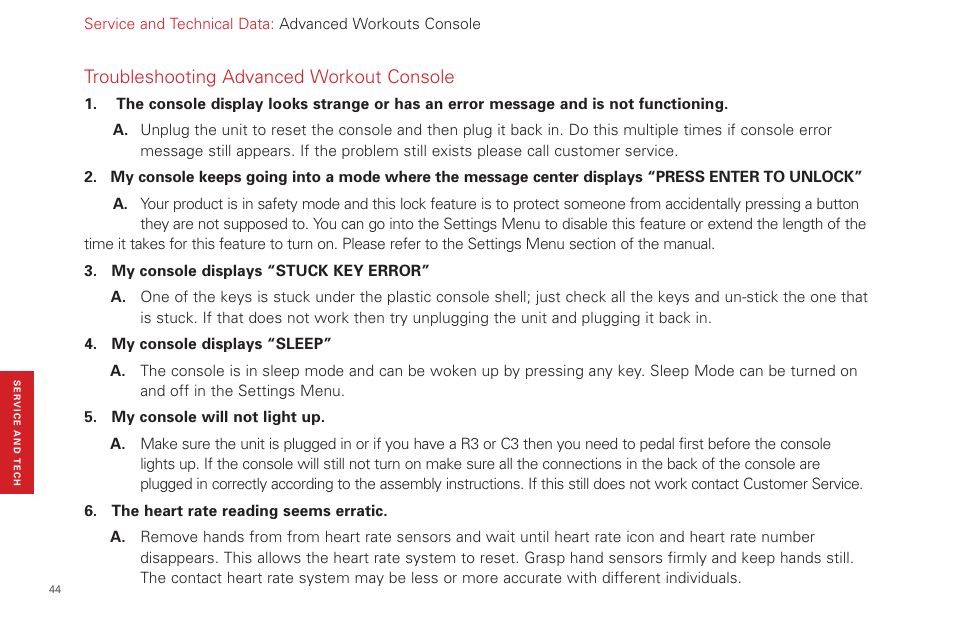 Troubleshooting advanced workout console | Life Fitness Video Gaming Accessories User Manual | Page 44 / 51