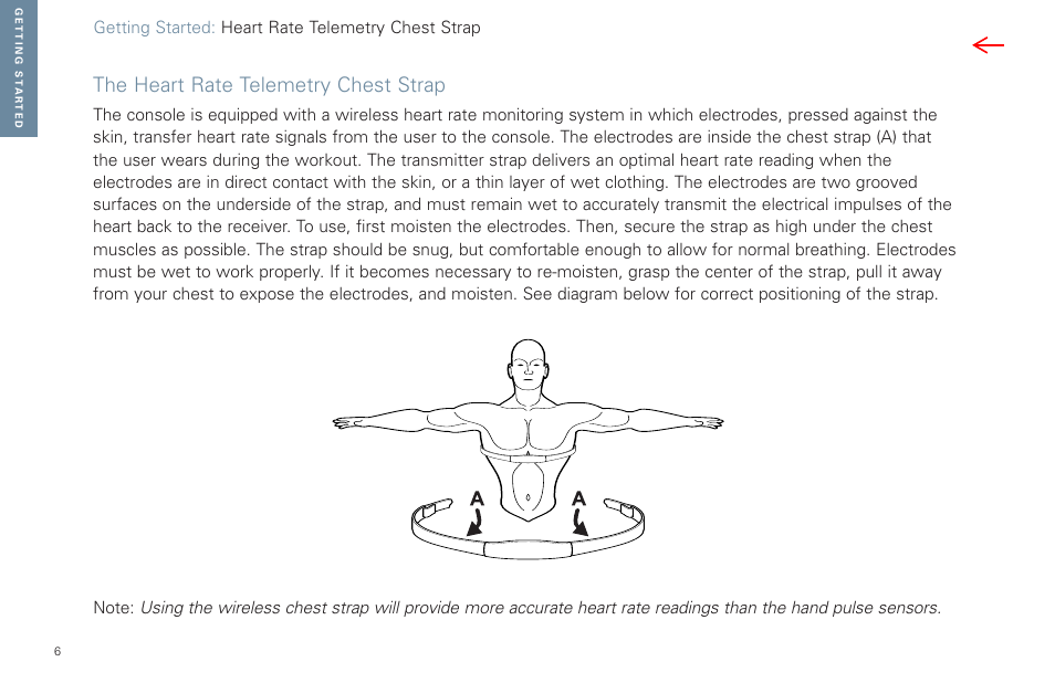 Heart rate telemetry chest strap, The heart rate telemetry chest strap, Getting started: heart rate telemetry chest strap | Life Fitness Video Gaming Accessories User Manual | Page 6 / 51