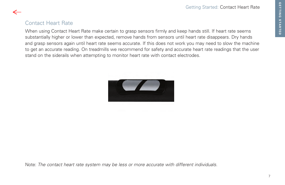 Contact heart rate, Getting started: contact heart rate | Life Fitness Video Gaming Accessories User Manual | Page 7 / 51