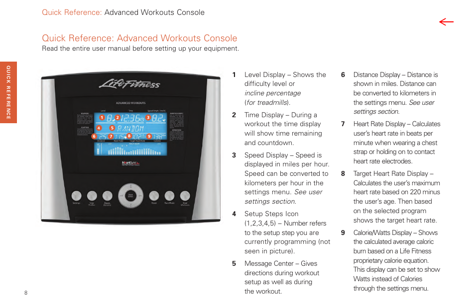 Advanced workouts console, Quick reference: advanced workouts console | Life Fitness Video Gaming Accessories User Manual | Page 8 / 51