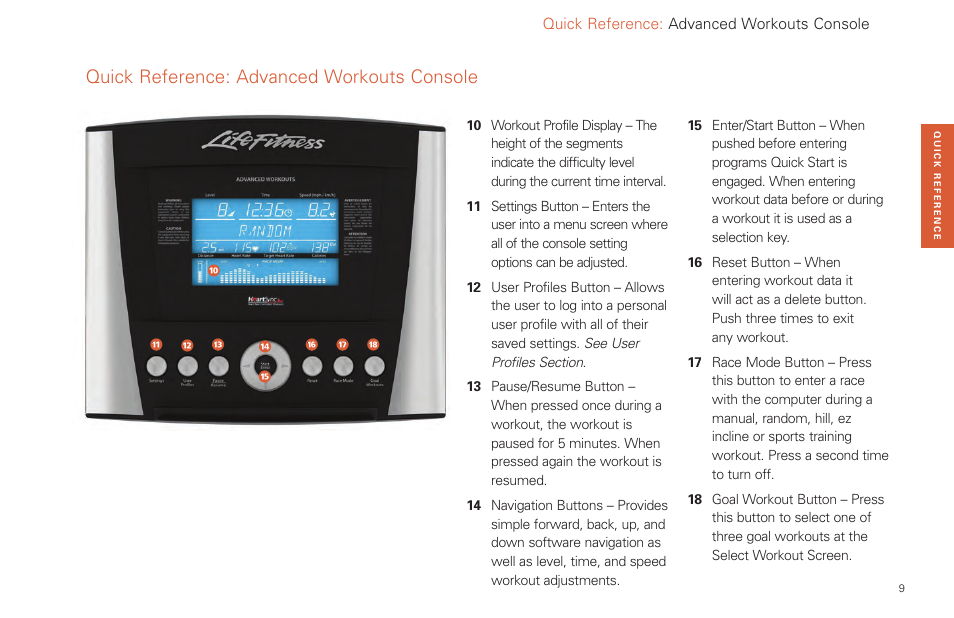 Quick reference: advanced workouts console | Life Fitness Video Gaming Accessories User Manual | Page 9 / 51