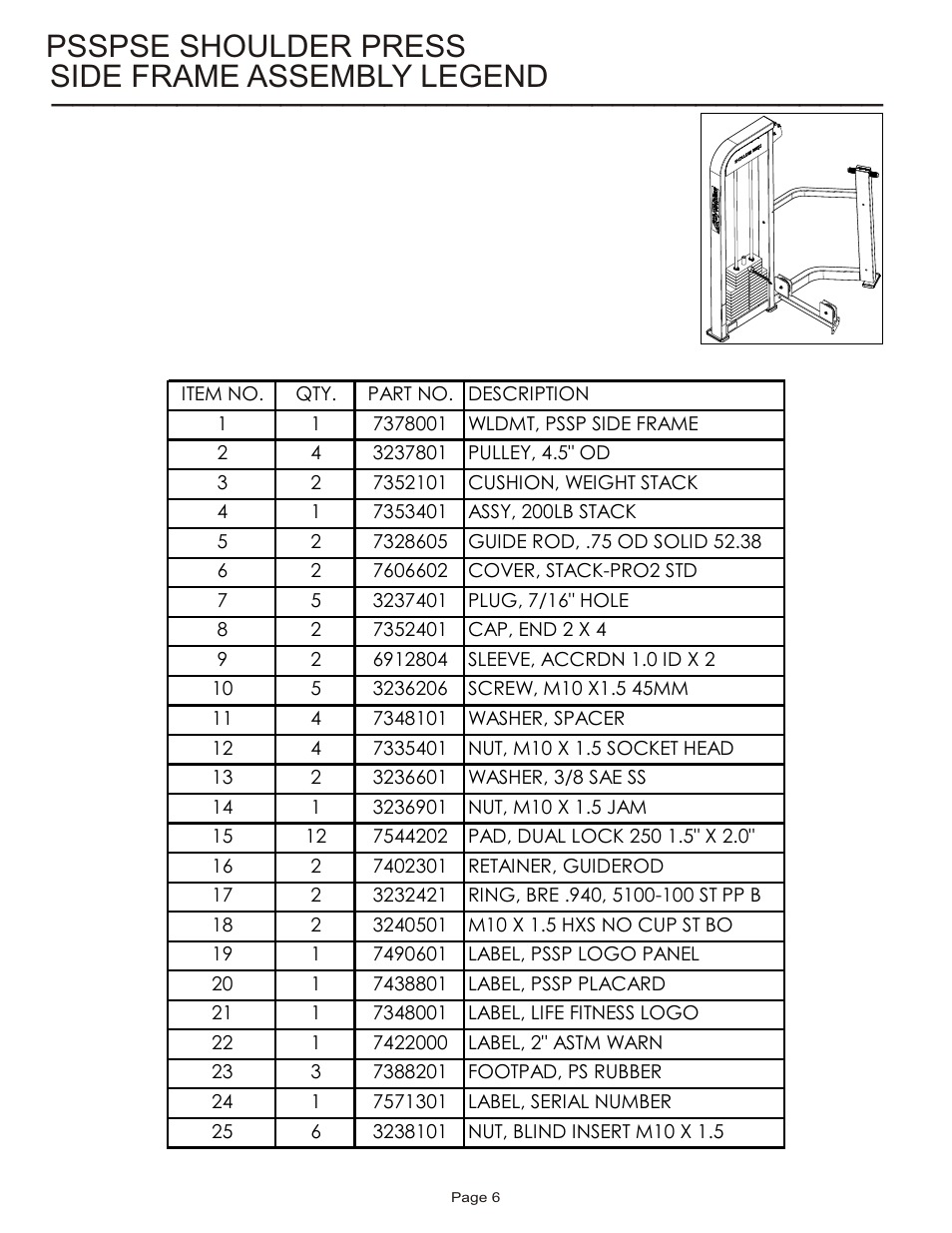 Side frame assembly legend, Psspse shoulder press | Life Fitness Pro 2 Series PSSPSE User Manual | Page 6 / 18