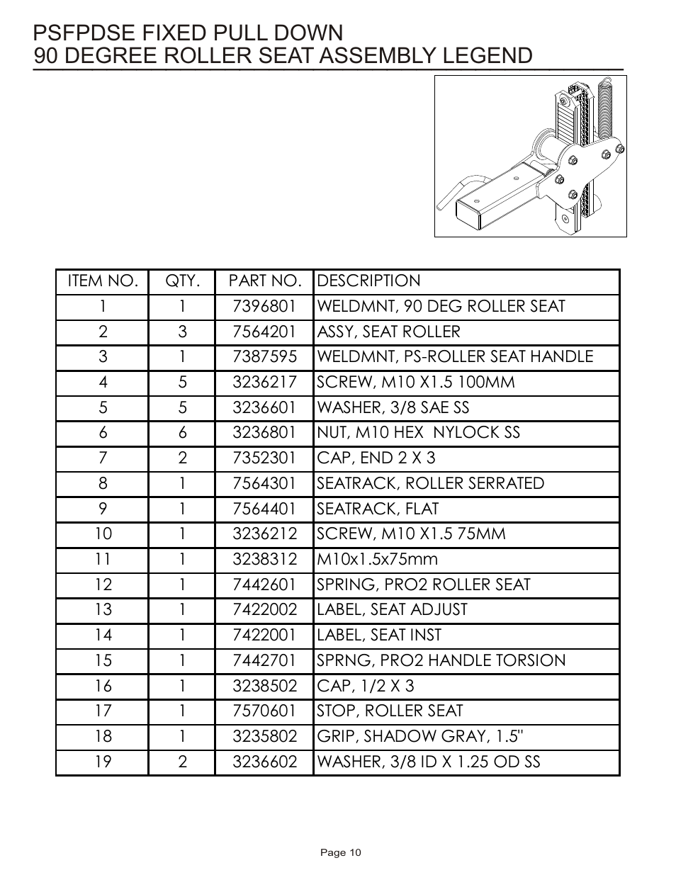 90 degree roller seat assembly legend, Psfpdse fixed pull down | Life Fitness Pro 2 Series PSFPDSE User Manual | Page 10 / 18