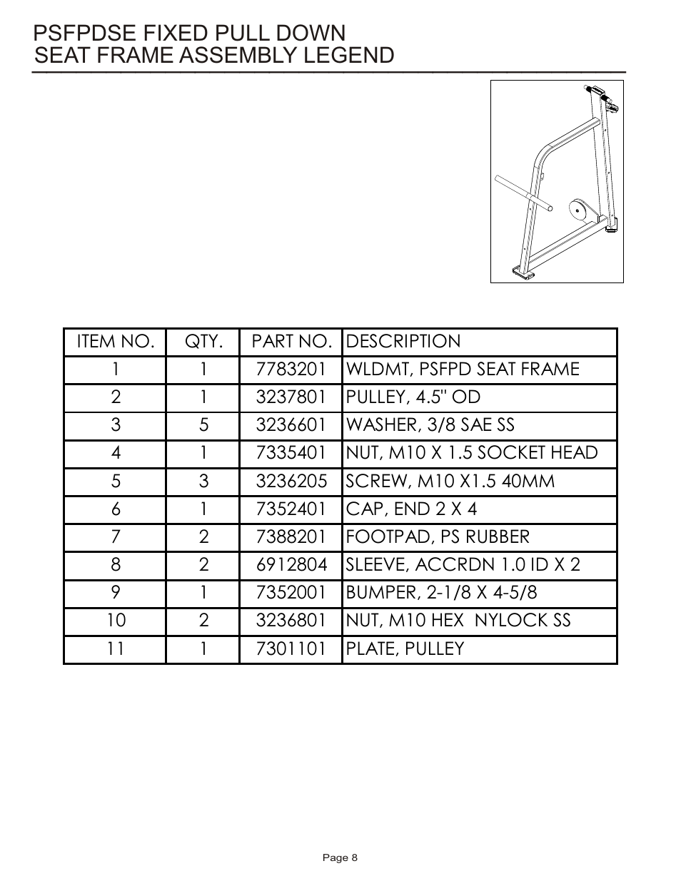 Seat frame assembly legend psfpdse fixed pull down | Life Fitness Pro 2 Series PSFPDSE User Manual | Page 8 / 18