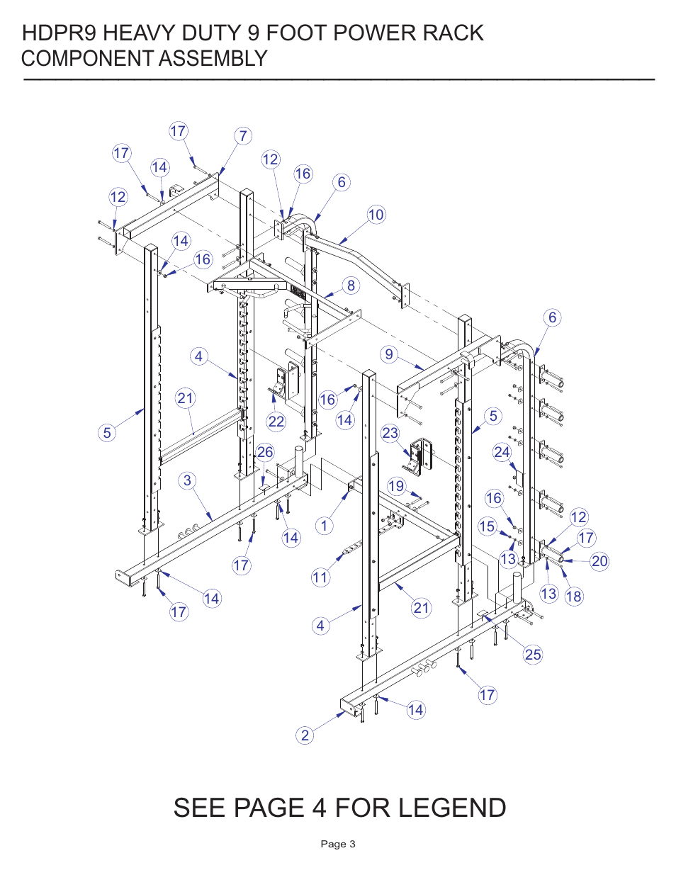 See page 4 for legend, Component assembly, Hdpr9 heavy duty 9 foot power rack | Life Fitness HDPR9 User Manual | Page 3 / 12