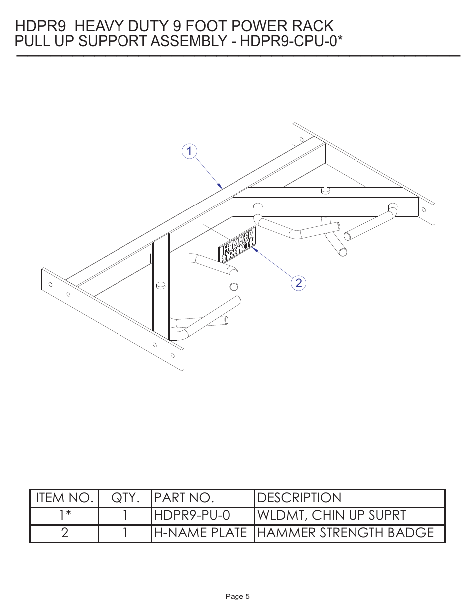 Pull up support assembly - hdpr9-cpu-0, Hdpr9 heavy duty 9 foot power rack | Life Fitness HDPR9 User Manual | Page 5 / 12