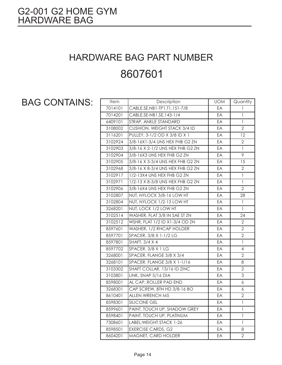 Hardware bag, Bag contains | Life Fitness G2 User Manual | Page 14 / 14