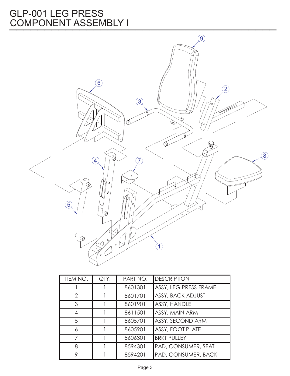 Component assembly i, Glp-001 leg press | Life Fitness Consumer Gym Leg Press GLP-001 User Manual | Page 3 / 7