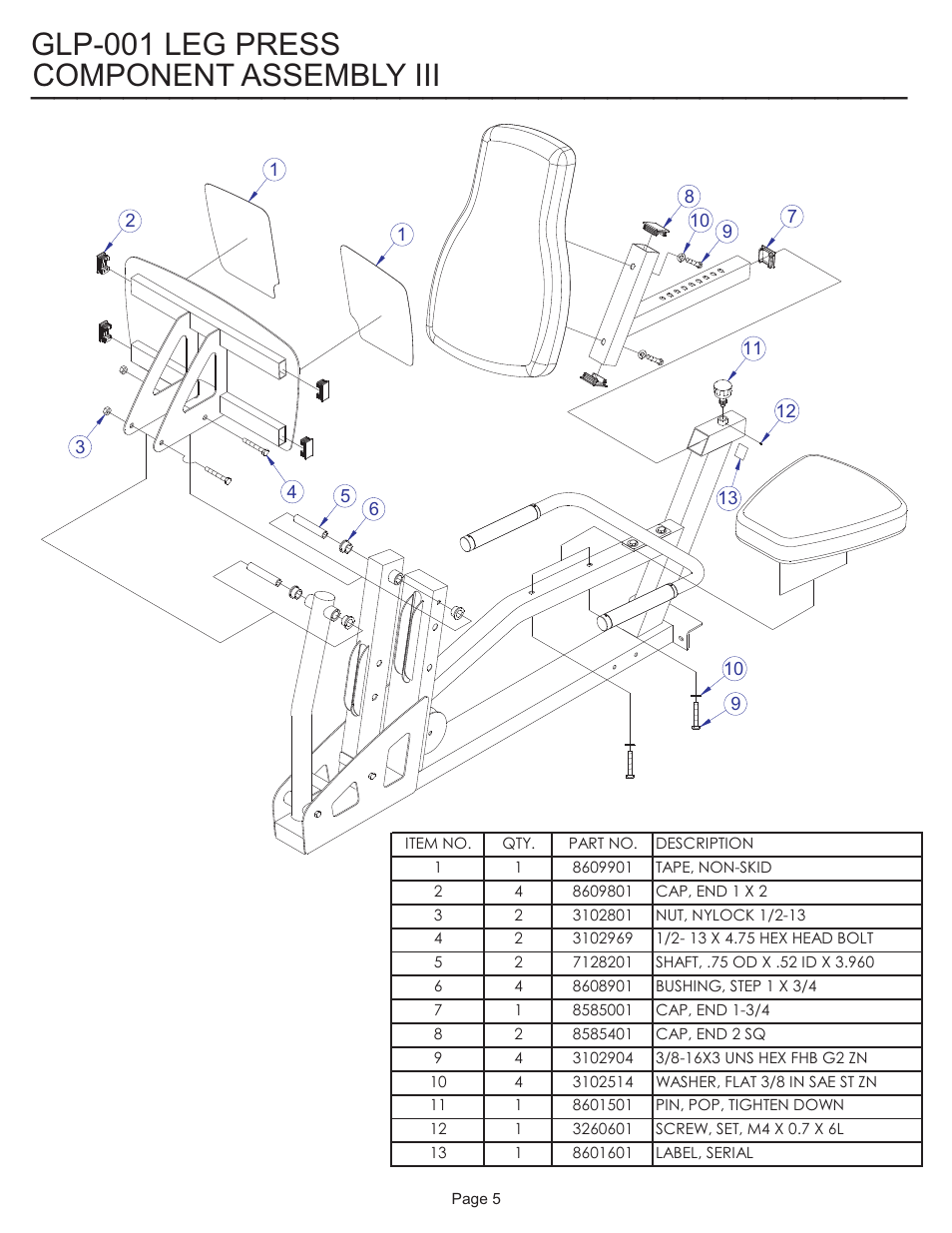 Component assembly iii, Glp-001 leg press | Life Fitness Consumer Gym Leg Press GLP-001 User Manual | Page 5 / 7