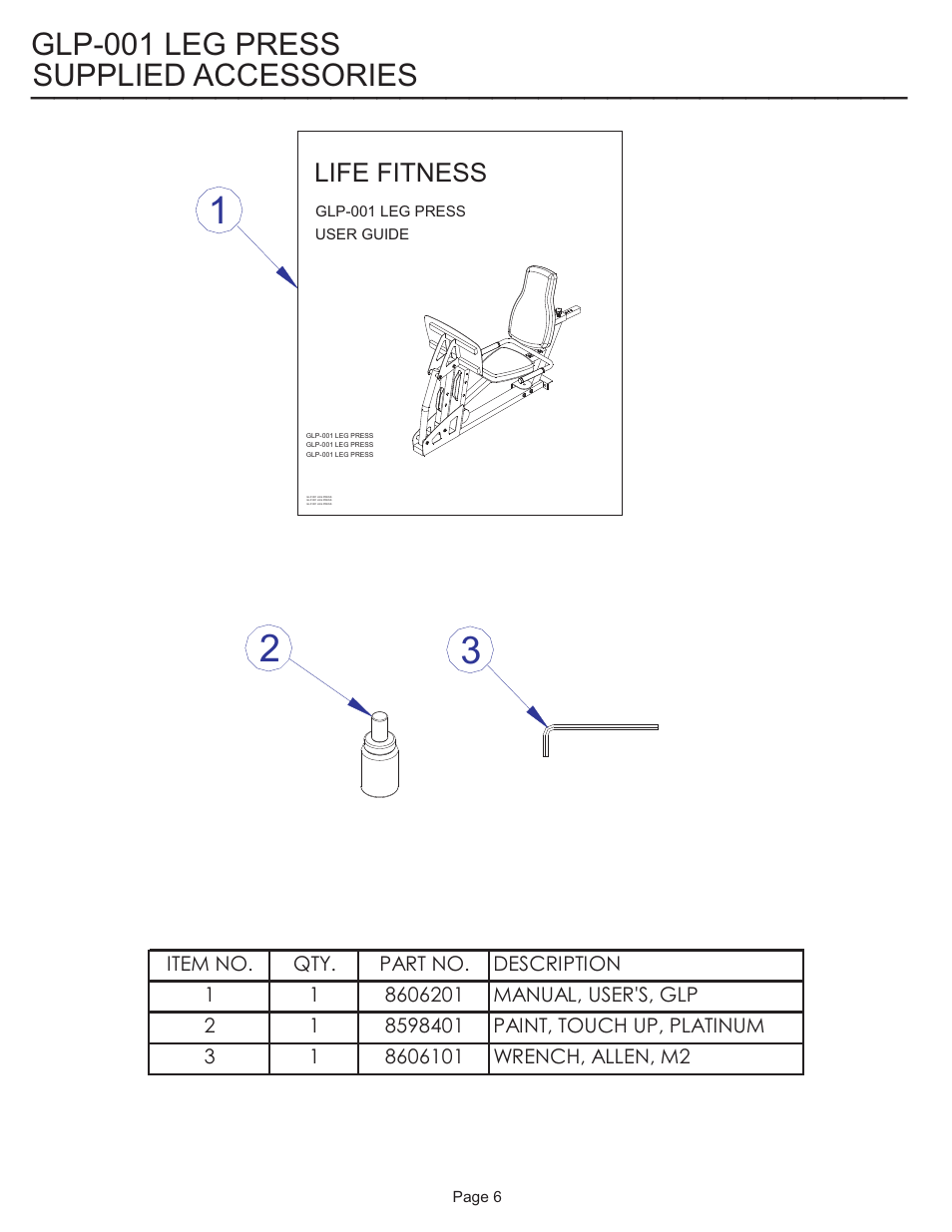 Supplied accessories, Glp-001 leg press, Life fitness | Life Fitness Consumer Gym Leg Press GLP-001 User Manual | Page 6 / 7