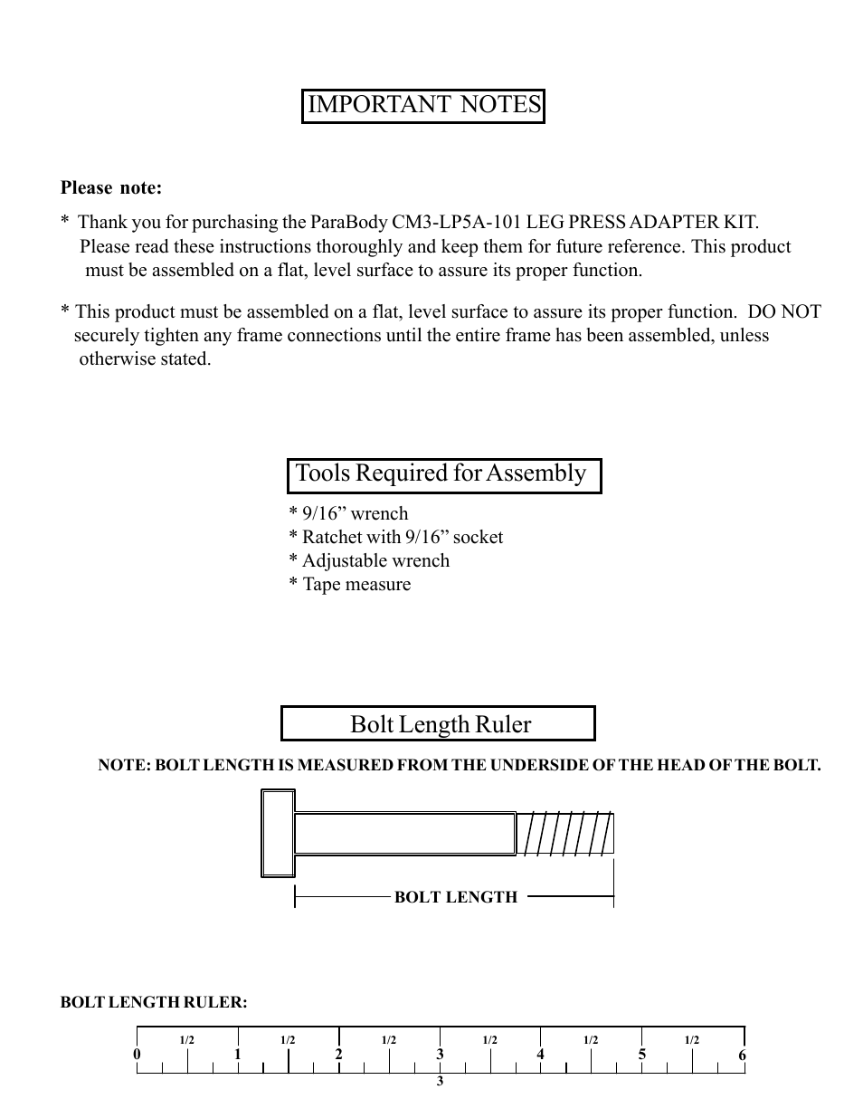 Tools required for assembly, Bolt length ruler | Life Fitness CM3 User Manual | Page 3 / 13