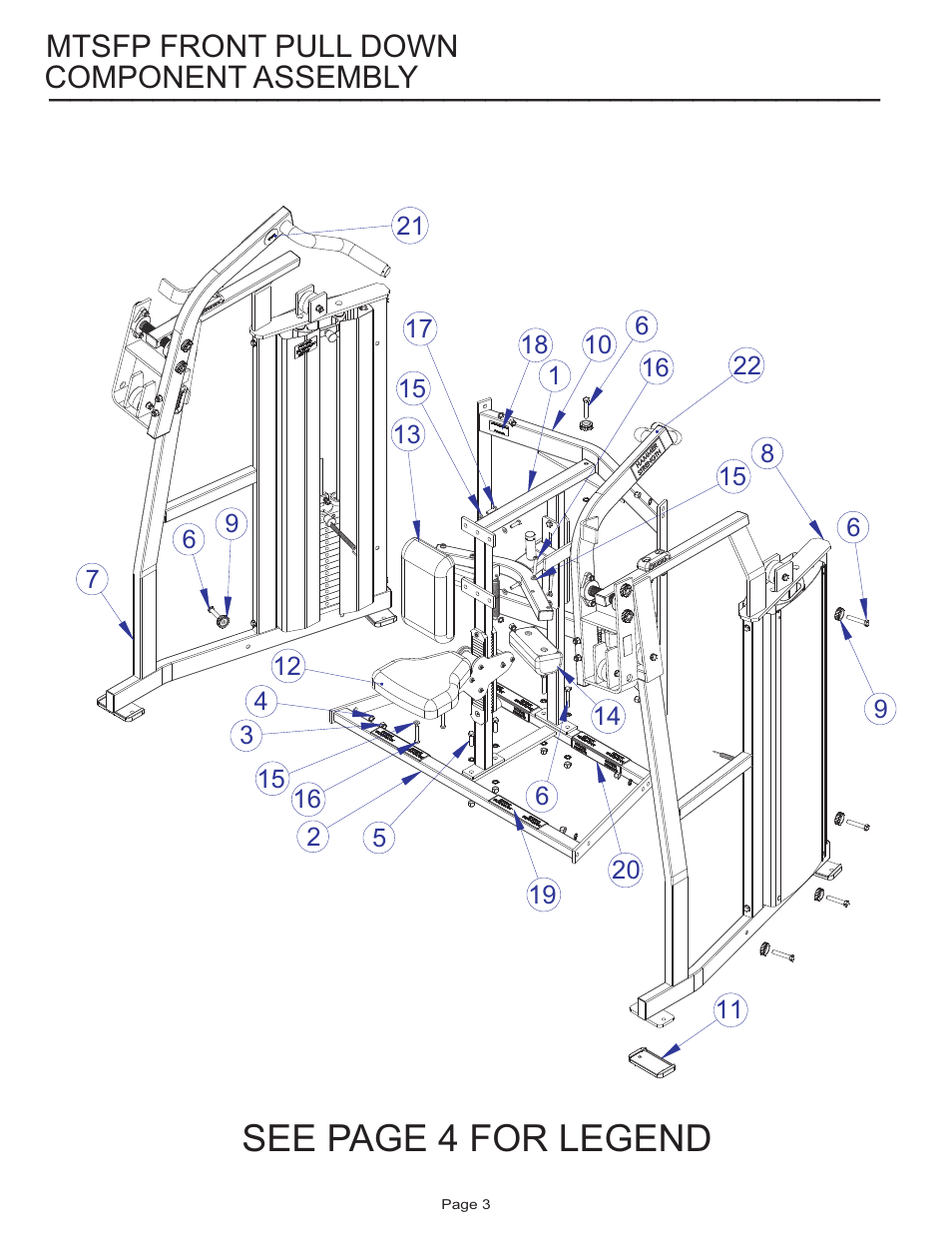 See page 4 for legend, Component assembly, Mtsfp front pull down | Life Fitness MTSFP User Manual | Page 3 / 17