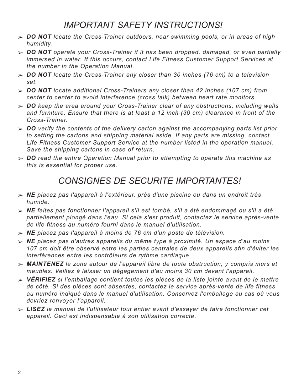 Important safety instructions, Consignes de securite importantes | Life Fitness M051-00K61-C131 User Manual | Page 3 / 8