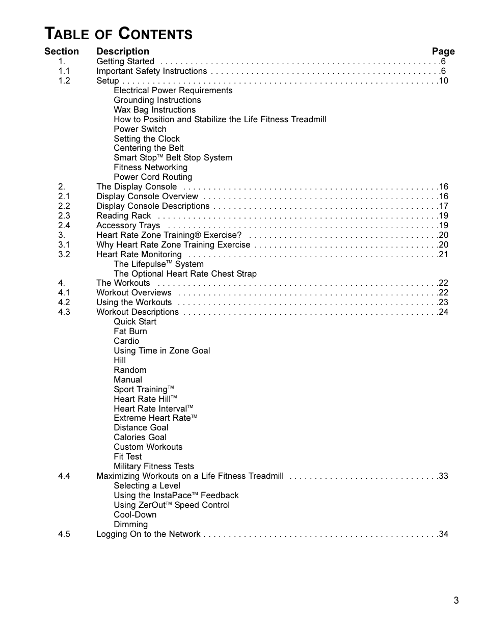 Able of, Ontents | Life Fitness Treadmill User Manual | Page 3 / 47