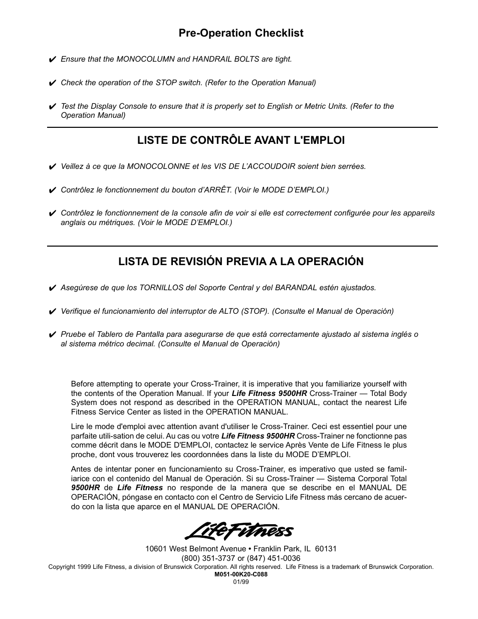 Pre-operation checklist, Liste de contrôle avant l'emploi, Lista de revisión previa a la operación | Life Fitness CT9500 User Manual | Page 12 / 12