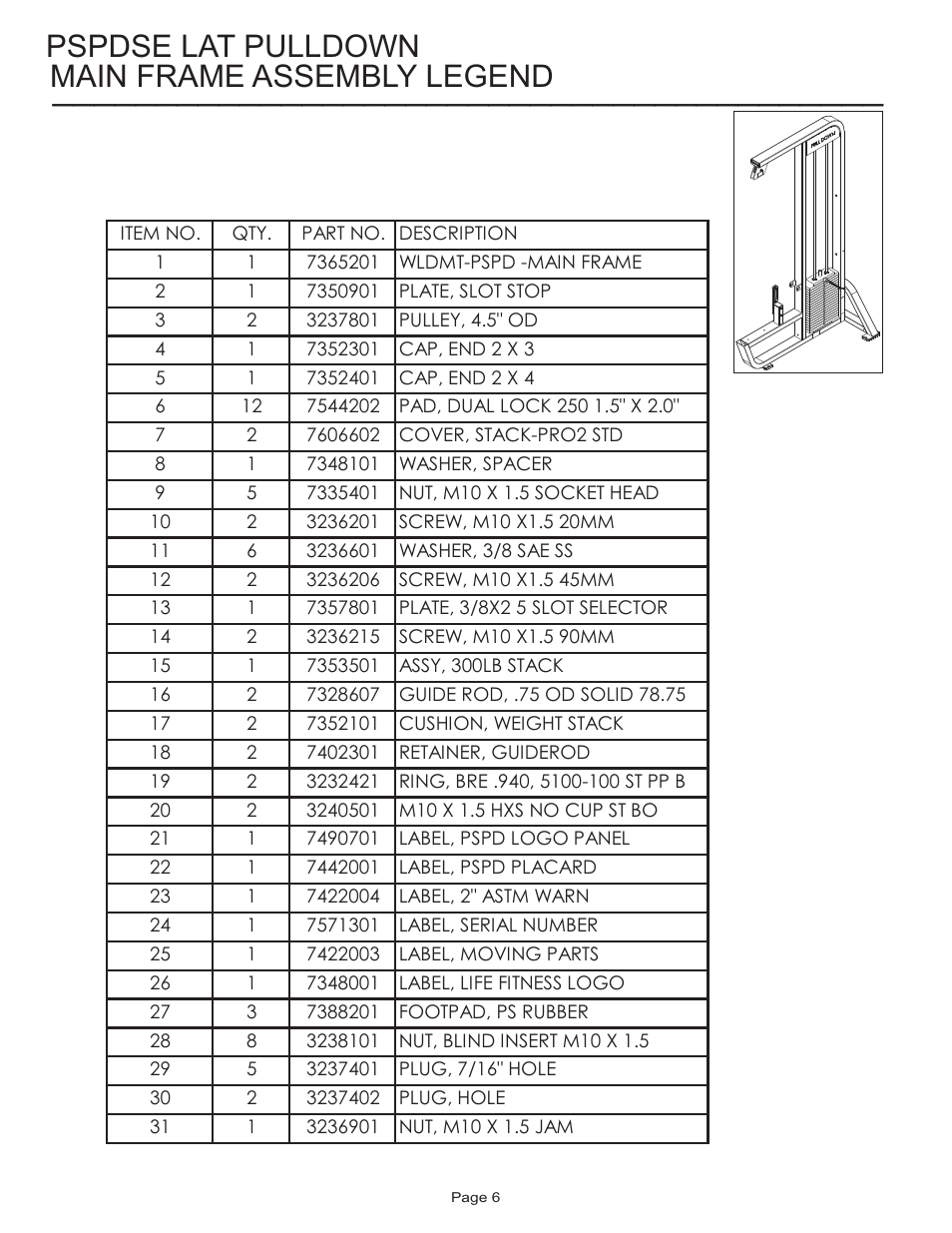 Main frame assembly legend pspdse lat pulldown | Life Fitness Pro 2 Series PSPDSE User Manual | Page 6 / 14
