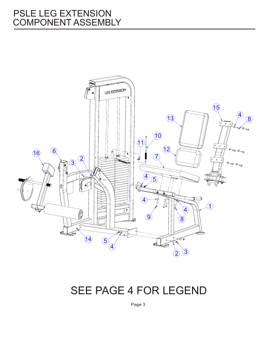 See page 4 for legend, Psle leg extension component assembly | Life Fitness Pro 2 Series PSLE User Manual | Page 3 / 15