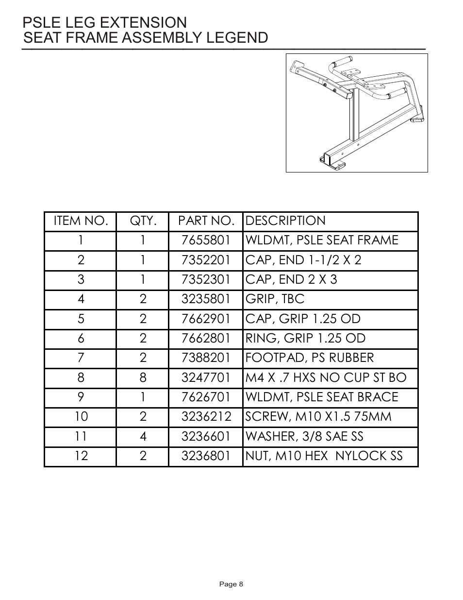 Seat frame assembly legend psle leg extension | Life Fitness Pro 2 Series PSLE User Manual | Page 8 / 15
