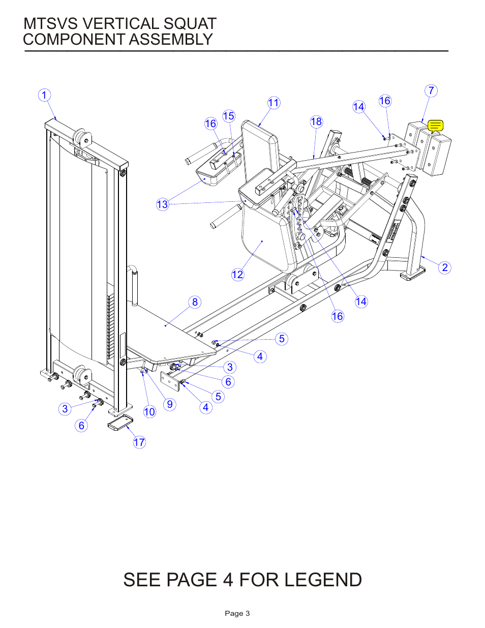 See page 4 for legend, Component assembly, Mtsvs vertical squat | Life Fitness MTSVS User Manual | Page 3 / 17