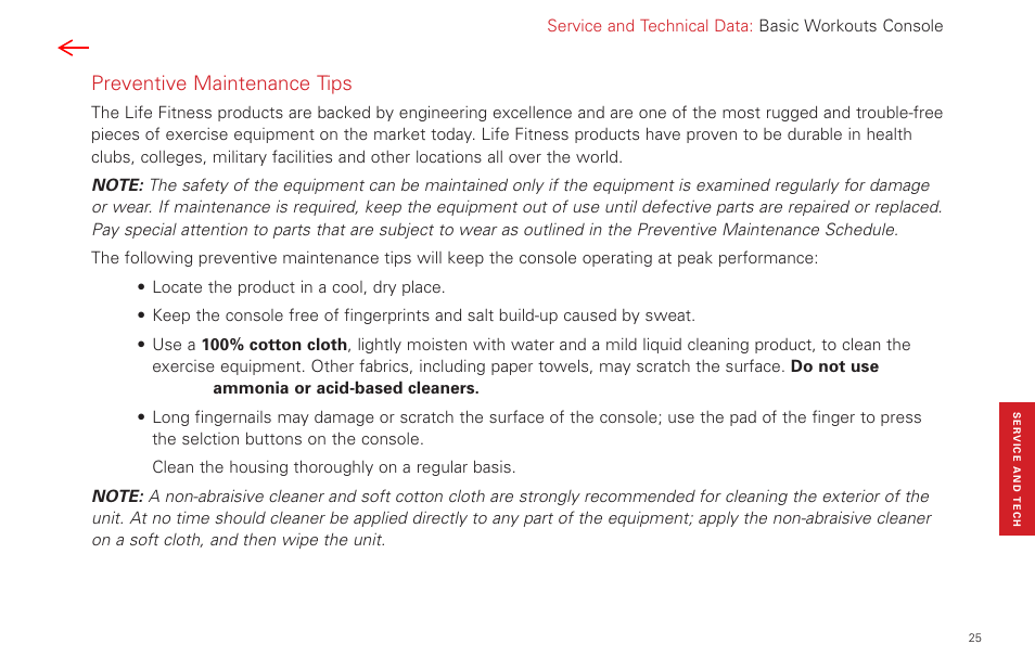 Preventative maintenance tips, Preventive maintenance tips | Life Fitness Fitness Equipment User Manual | Page 25 / 35