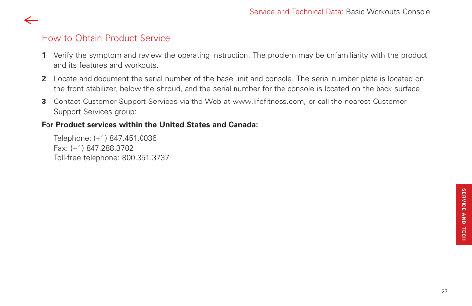 How to obtain product service | Life Fitness Fitness Equipment User Manual | Page 27 / 35