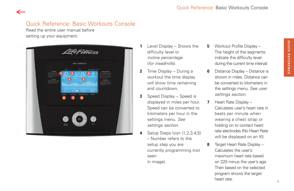 Basic workouts console, Quick reference: basic workouts console | Life Fitness Fitness Equipment User Manual | Page 7 / 35