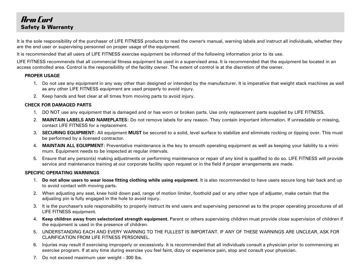 Arm curl | Life Fitness Arm Curl User Manual | Page 2 / 8