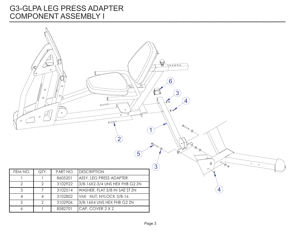 Component assembly i, G3-glpa leg press adapter | Life Fitness G3-GLPA-001 User Manual | Page 3 / 7