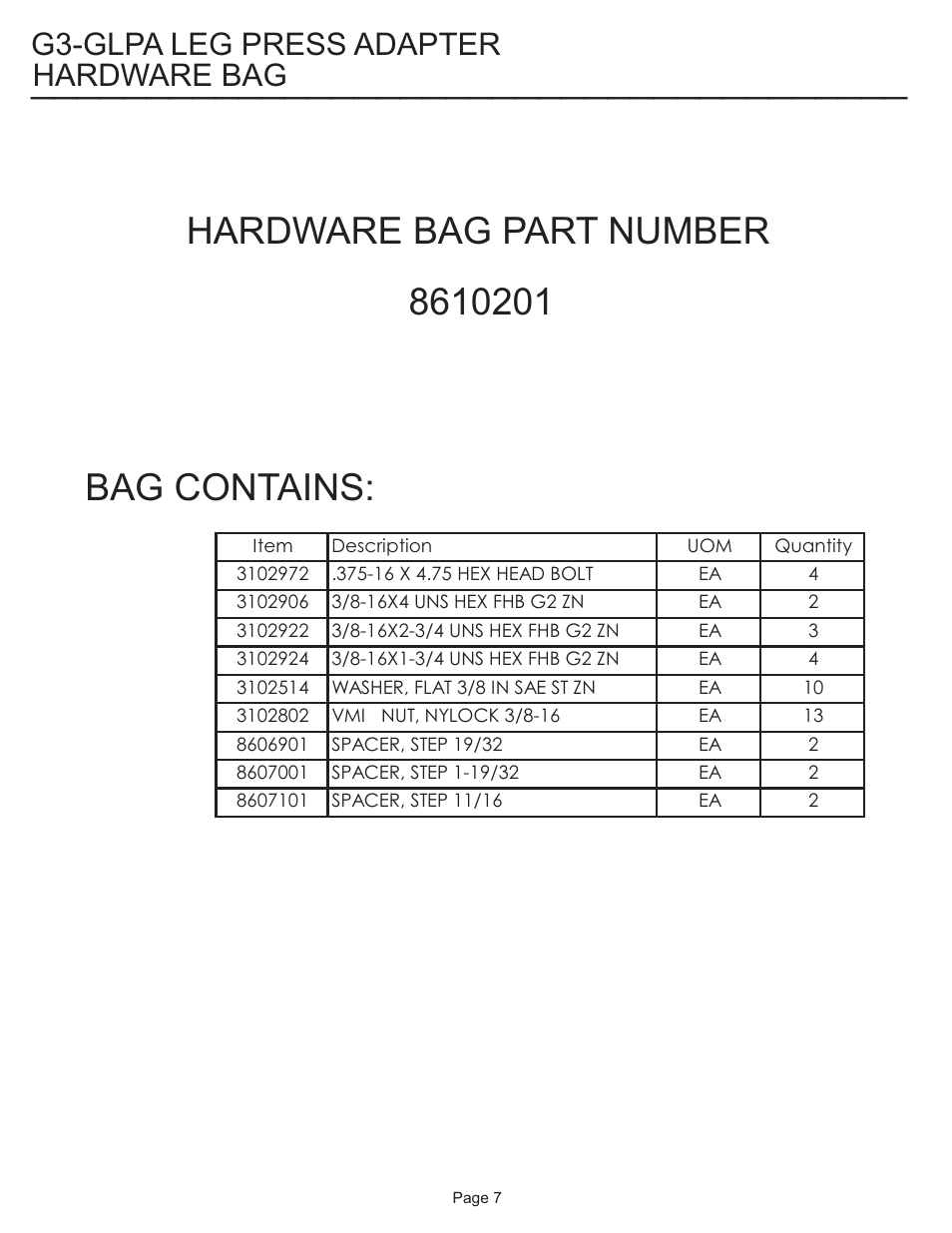 0201 hardware bag part number bag contains, Hardware bag, G3-glpa leg press adapter | Life Fitness G3-GLPA-001 User Manual | Page 7 / 7