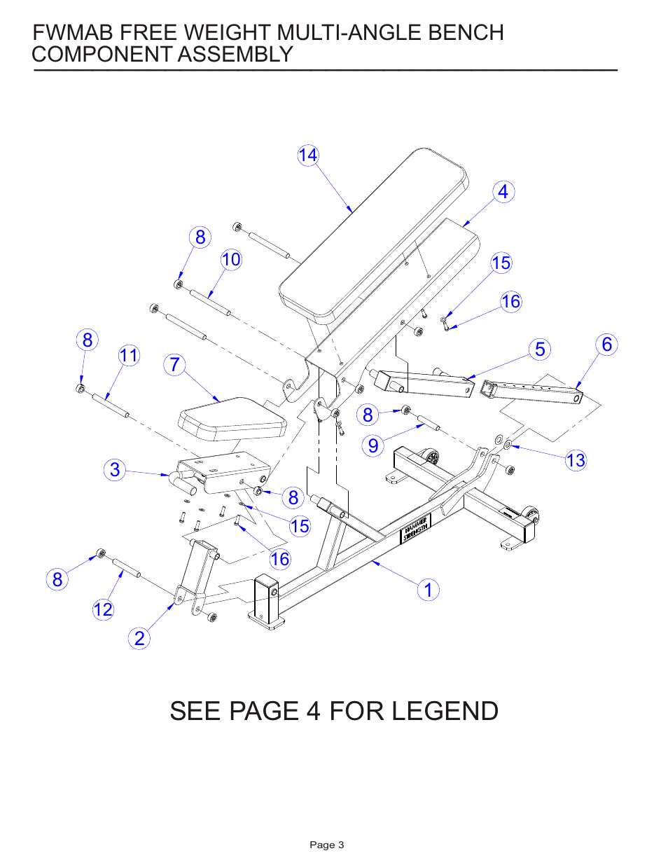 See page 4 for legend, Component assembly, Fwmab free weight multi-angle bench | Life Fitness FWMAB User Manual | Page 3 / 9