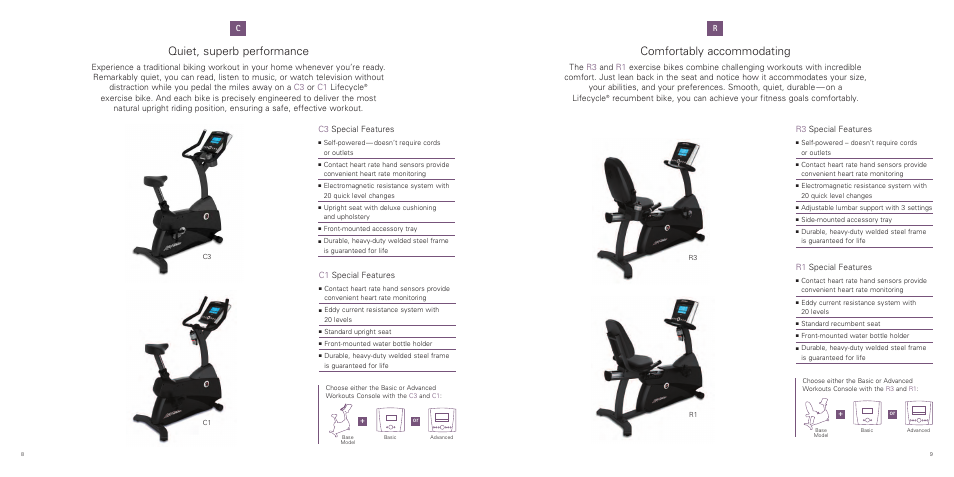 Quiet, superb performance, Comfortably accommodating, C1 special features | C3 special features, R1 special features | Life Fitness C-R Series User Manual | Page 5 / 6