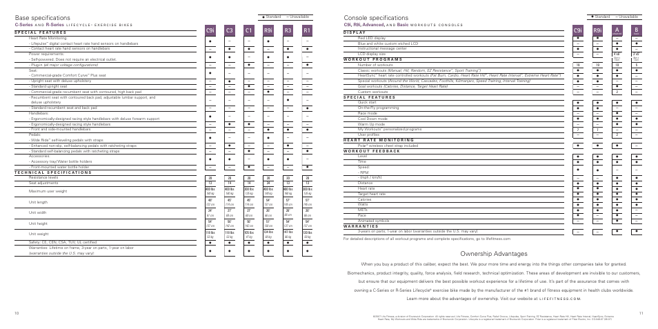 Base specifications, Console specifications, Ownership advantages | Life Fitness C-R Series User Manual | Page 6 / 6