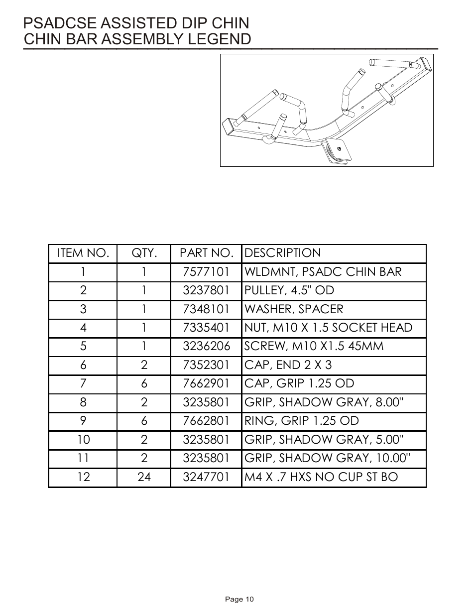 Chin bar assembly legend, Psadcse assisted dip chin | Life Fitness Pro 2 Series PSADCSE User Manual | Page 10 / 18