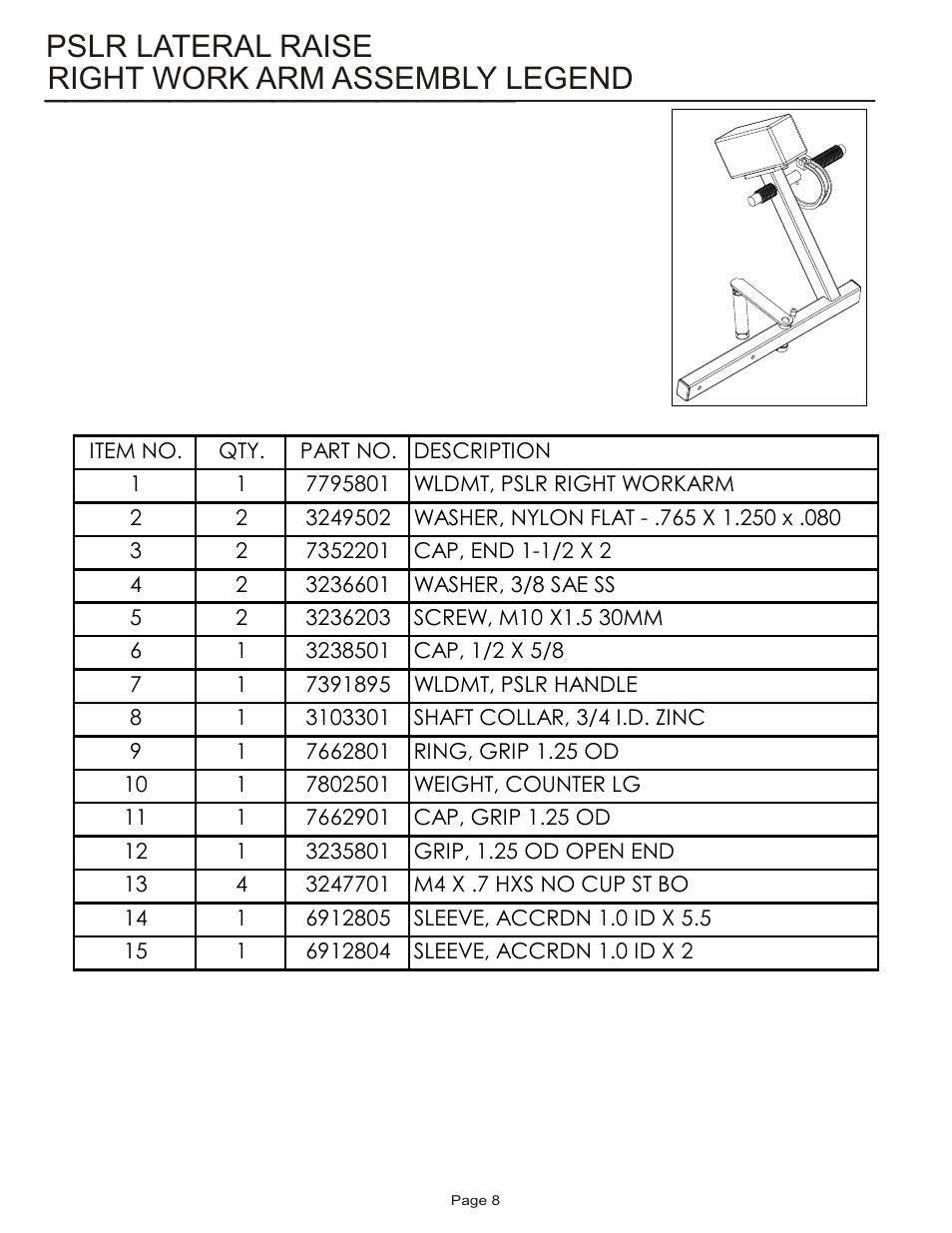 Right work arm assembly legend, Pslr lateral raise | Life Fitness Pro 2 Series PSLR User Manual | Page 8 / 15