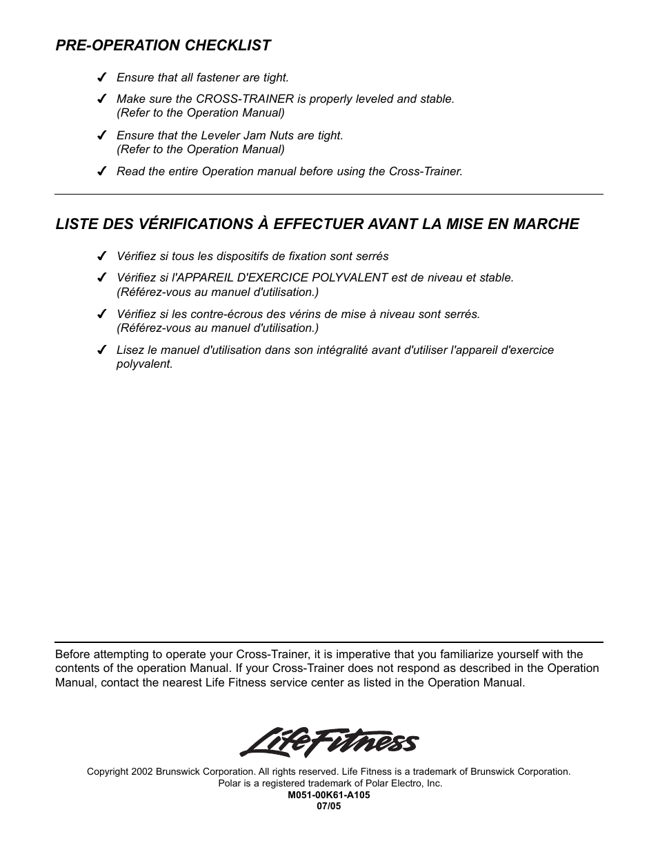 Pre-operation checklist | Life Fitness X9i User Manual | Page 8 / 8