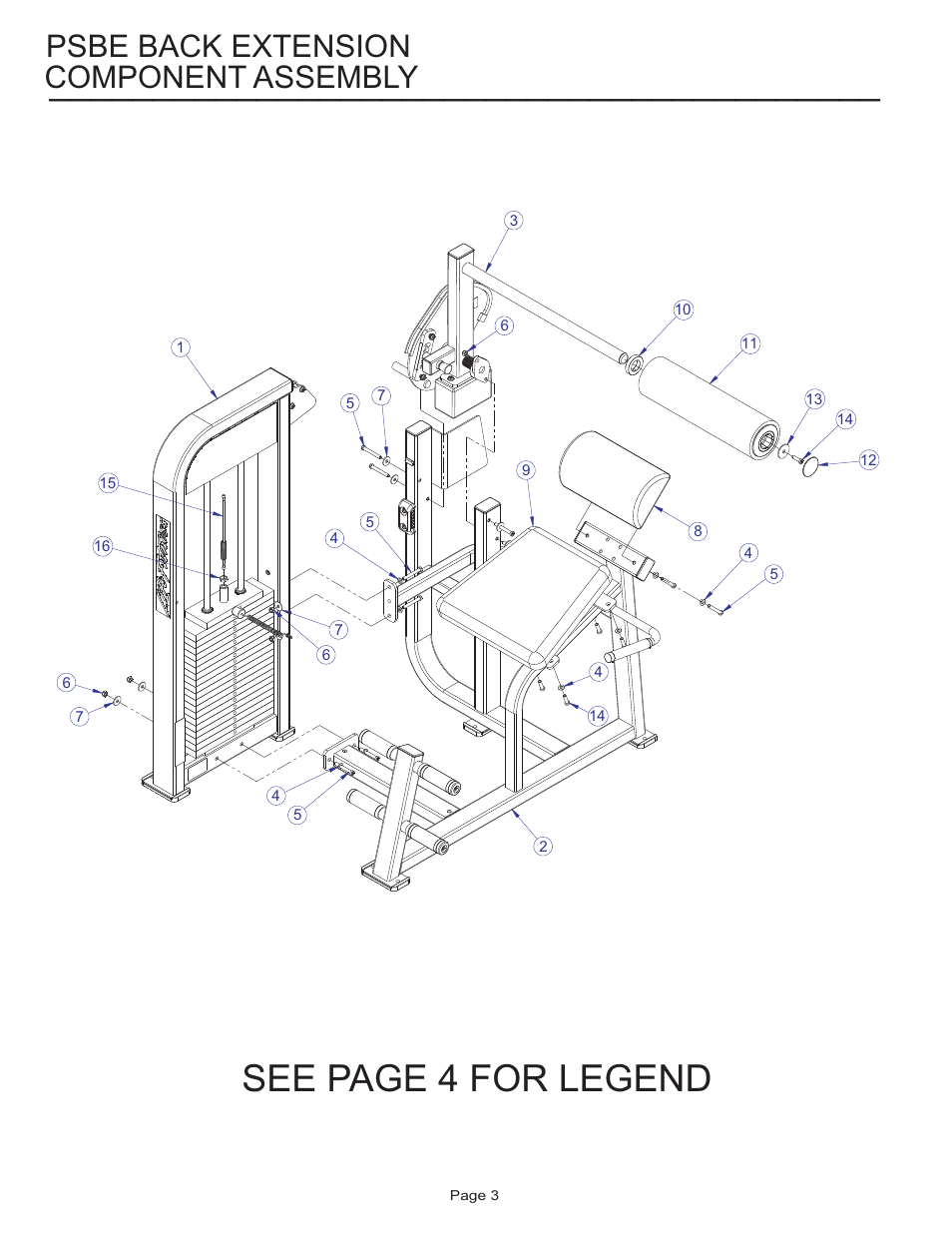 See page 4 for legend, Component assembly, Psbe back extension | Life Fitness Pro 2 Series PSBE User Manual | Page 3 / 13