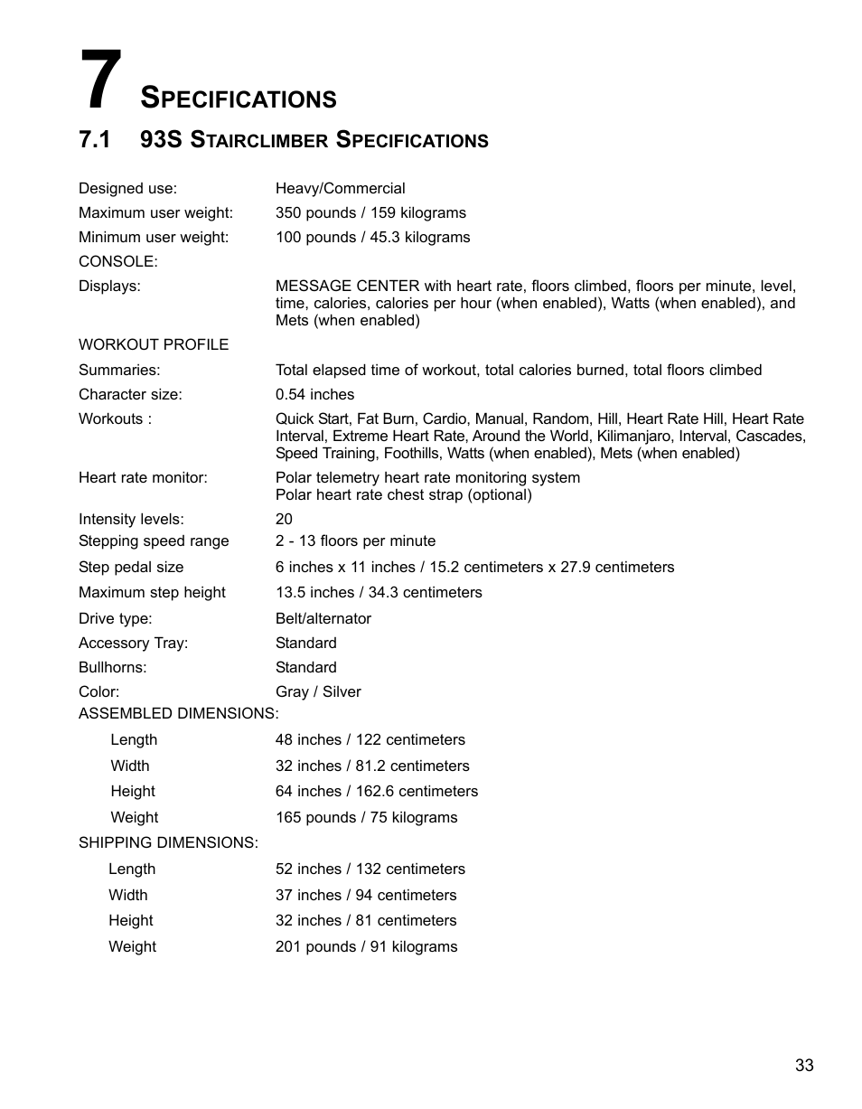 1 93s s, Pecifications | Life Fitness 90S  FR User Manual | Page 35 / 36