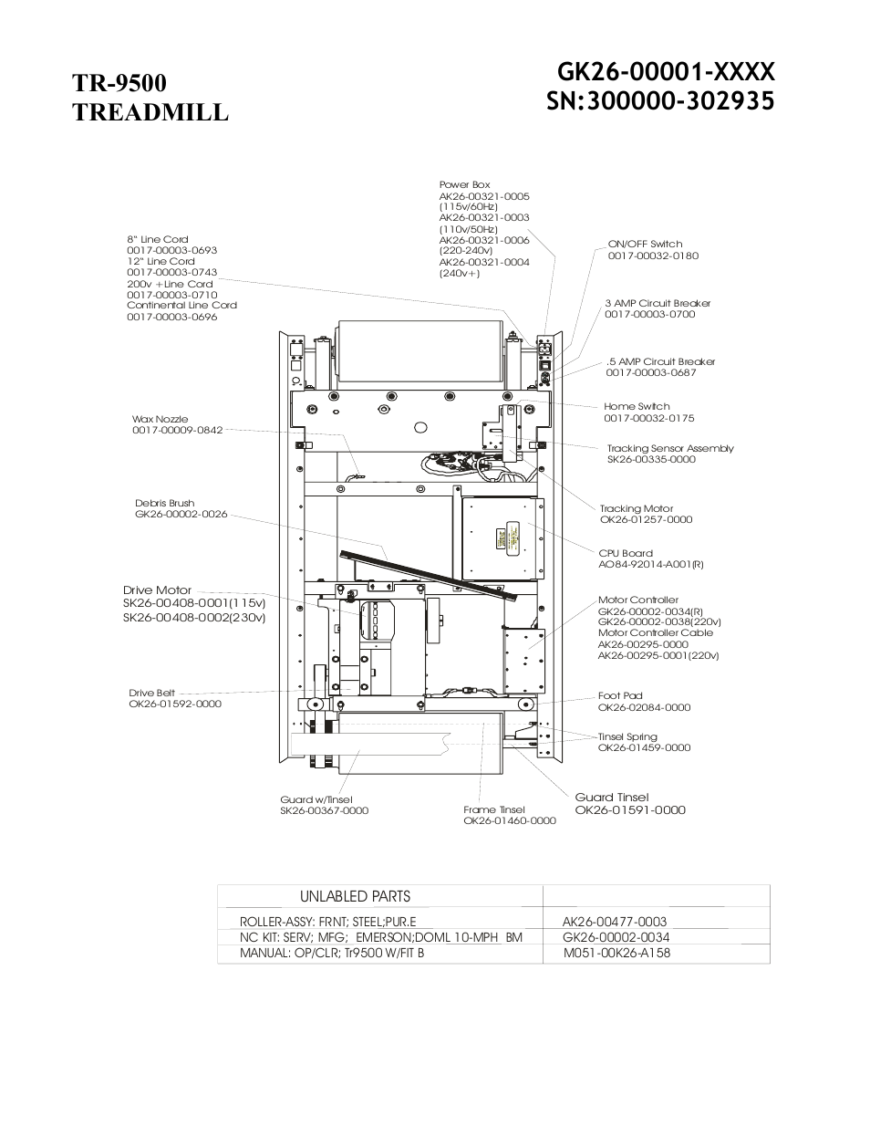 Tr-9500 treadmill, Unlabled parts | Life Fitness TR-9500 User Manual | Page 3 / 3