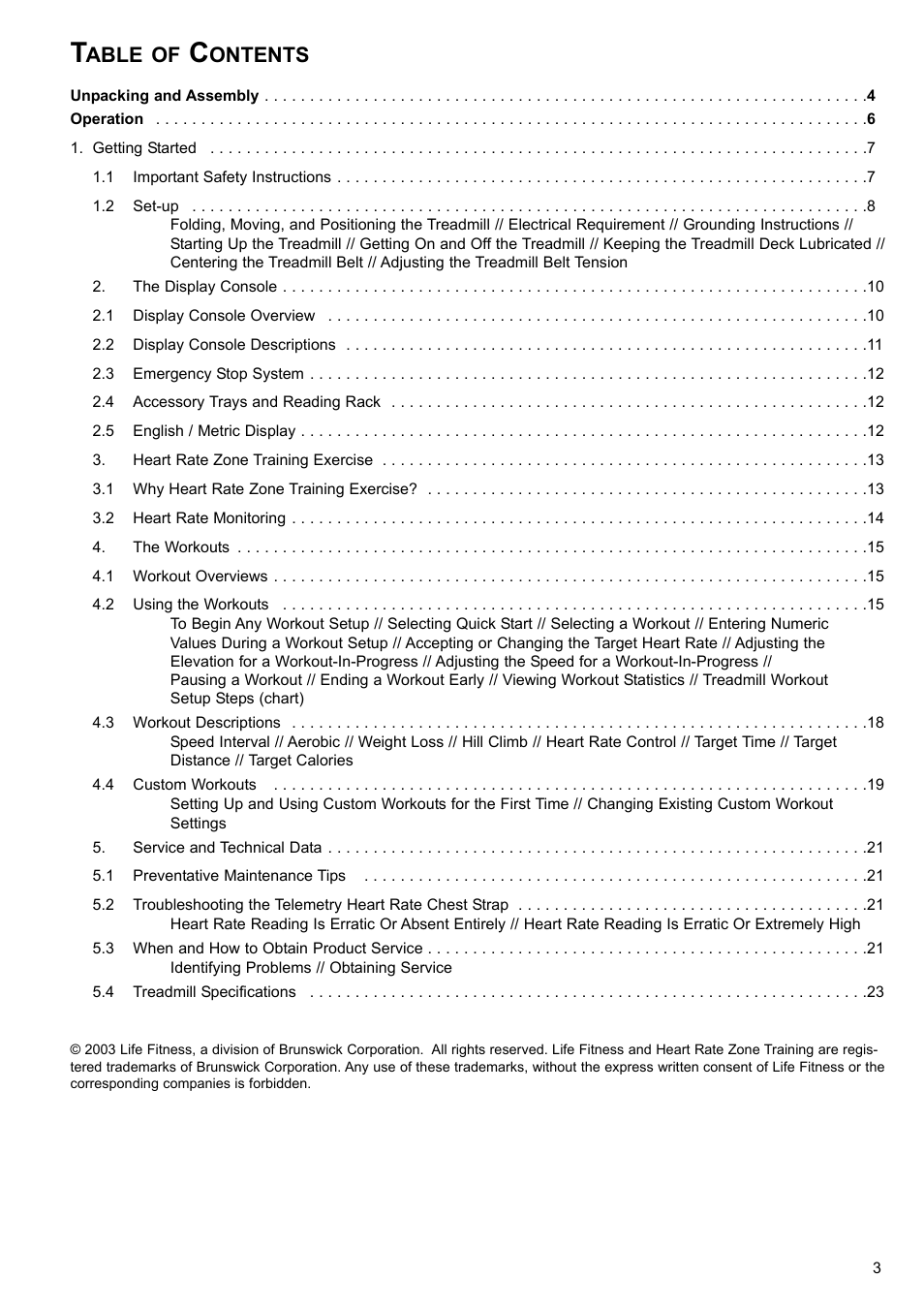 Able of, Ontents | Life Fitness ST55 Treadmill User Manual | Page 4 / 24