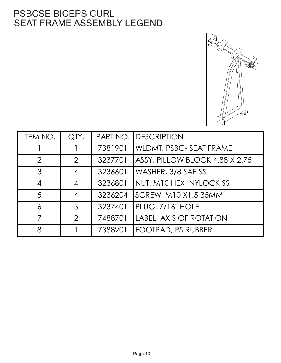Seat frame assembly legend, Psbcse biceps curl | Life Fitness Pro 2 Series PSBCSE User Manual | Page 10 / 18