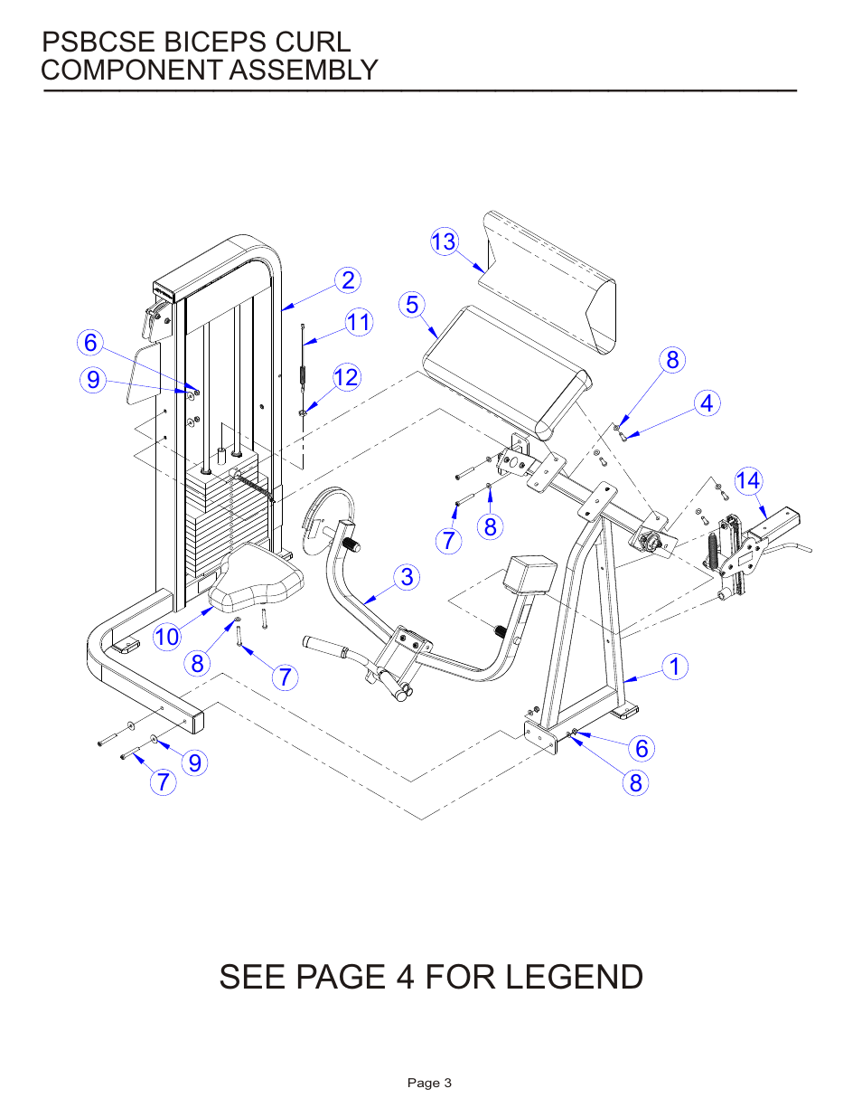 See page 4 for legend, Component assembly, Psbcse biceps curl | Life Fitness Pro 2 Series PSBCSE User Manual | Page 3 / 18